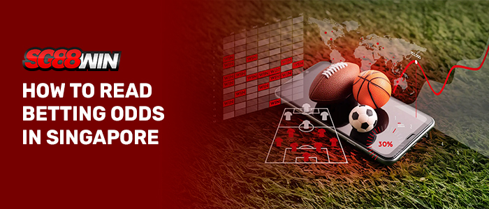 A banner titled "HOW TO READ BETTING ODDS IN SINGAPORE" featuring the red and silver SG88WIN logo on a deep maroon background, next to a smartphone displaying an analytical football formation, a world map grid, and various sports balls resting on a grassy pitch.