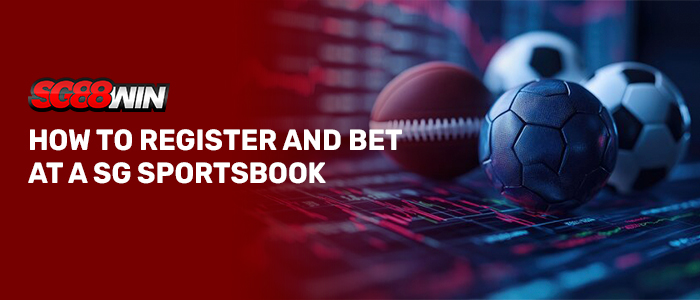 Promotional banner for SG88WIN featuring a split background design: a solid deep red color block on the left and a dark, tech-focused sports-analytics background on the right. On the red left side, the "SG88WIN" logo in red, white, and black sits directly above the large, white, bold text: "HOW TO REGISTER AND BET AT A SG SPORTSBOOK". On the right side, an American football, a metallic dark-blue soccer ball, and a classic black-and-white soccer ball are grouped together on a surface overlaid with glowing digital data, bar charts, and financial-style candlestick charts in red and green.