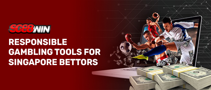 Promotional banner for SG88WIN featuring a split background design: a solid deep red color block on the left and a dark background with digital circuit-like patterns on the right. On the red left side, the "SG88WIN" logo in red, white, and black sits directly above the large, white, bold text: "RESPONSIBLE GAMBLING TOOLS FOR SINGAPORE BETTORS". On the right side, an open laptop is shown with dynamic sports figures—including a soccer player kicking a ball, a boxer, and a basketball player—bursting out of the screen. Scattered United States dollar bills float around the athletes, while several thick stacks of bound hundred-dollar cash sit in the bottom right foreground.