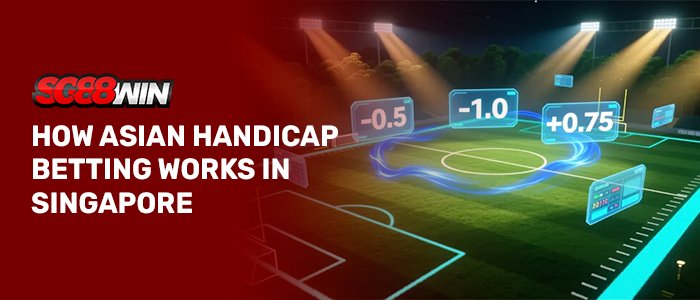 A promotional banner for SG88WIN set against a red background on the left and a stadium football pitch under floodlights on the right. Digital floating screens displaying Asian handicap values like -0.5, -1.0, and +0.75 hover over the field, accompanied by the SG88WIN logo and bold white text reading: "HOW ASIAN HANDICAP BETTING WORKS IN SINGAPORE".