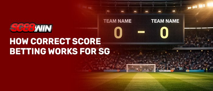 SG88WIN banner displaying a stadium scoreboard showing a 0-0 score above a football field, with text reading "HOW CORRECT SCORE BETTING WORKS FOR SG".
