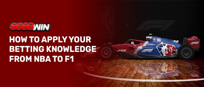 An NBA-themed Formula 1 race car parked on a polished basketball court, overlaid with the SG88WIN logo and white text reading "HOW TO APPLY YOUR BETTING KNOWLEDGE FROM NBA TO F1".