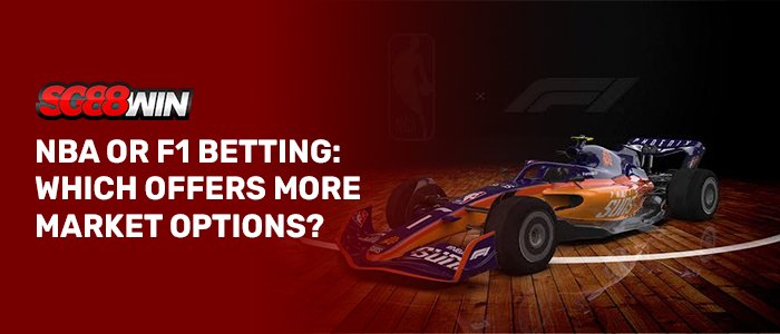 An orange and blue Formula 1 race car styled with NBA branding on a wooden basketball court, featuring the SG88WIN logo and white text asking "NBA OR F1 BETTING: WHICH OFFERS MORE MARKET OPTIONS?".